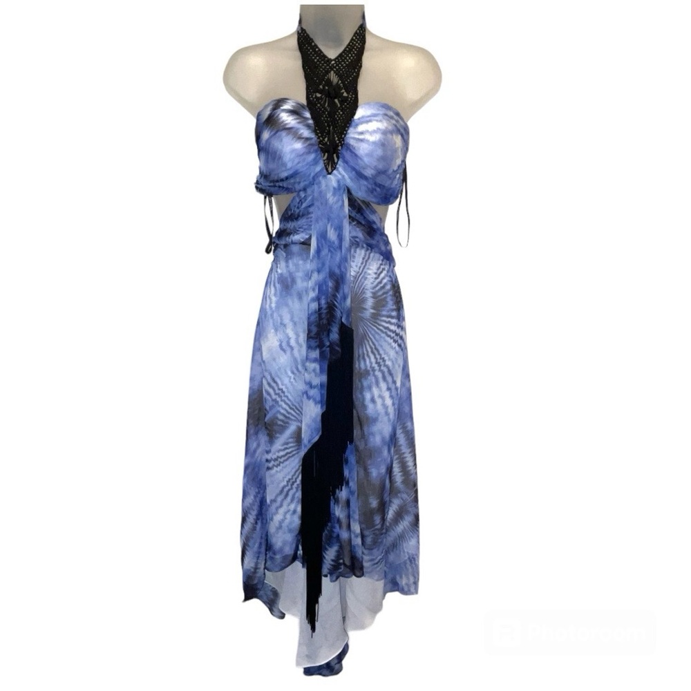 Bebe Bohemian Luxe Tie Dye Fringe Crochet Cut Out High Low Dress Blue Black Boho - Picture 3 of 16